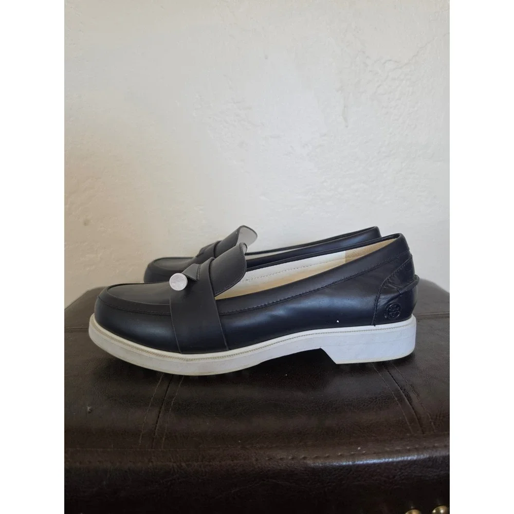 Tory Burch Navy Blue Leather Logo Minimalist Old Money Coastal Loafers sz 6